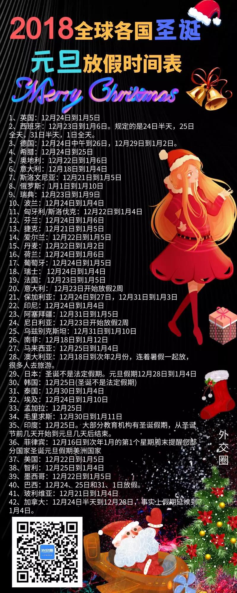2018年全球各國(guó)圣誕元旦放假時(shí)間表